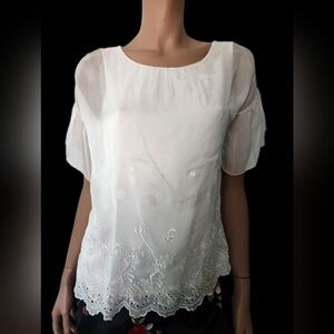 Via Signoria 100% Silk Short Sleeves Embroidery Ivory Blouse Top Italy Sz S